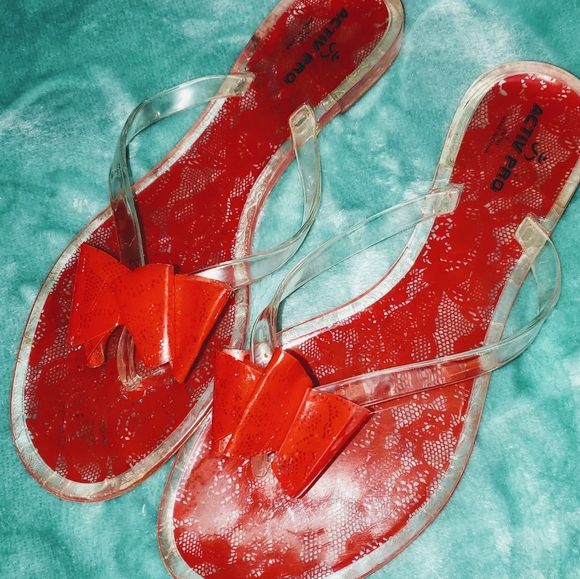 Red lace jelly flip flop sandals with bow - Picture 3 of 3